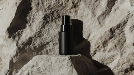 Elegant black cosmetics spray bottle mockup on textured stone background enhancing luxury and minimalism in product designの素材