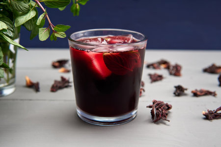 Delicious Jamaica water with dried flowers and mint also called Hibiscus teaの写真素材
