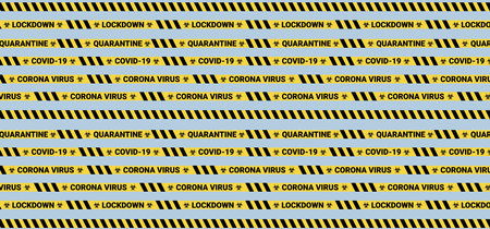 Quarantine Covid-19 warning stripes. Yellow and black stripes tape. Lockdown Coronavirus warning sign. Creative Design vector illustration.のイラスト素材