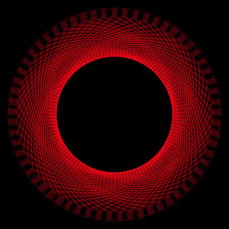 Striking red spirograph circular pattern on a black background, featuring intricate geometric symmetry. Ideal for modern art, posters, digital design, wallpapers, and abstract visuals.のイラスト素材