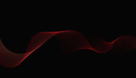 Red wave lines flowing over a black background, perfect for modern tech designs, digital art, presentations, and futuristic visuals.の写真素材