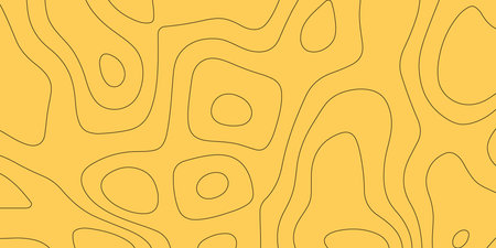 A flat yellow background featuring thin black contour lines that create organic flowing shapes resembling a topographic map or fluid liquid patterns.のイラスト素材