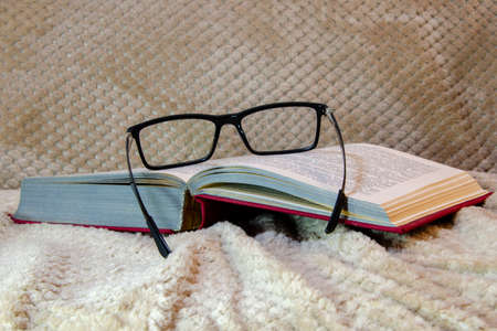 on the table are books, a magnifier and glassesの写真素材