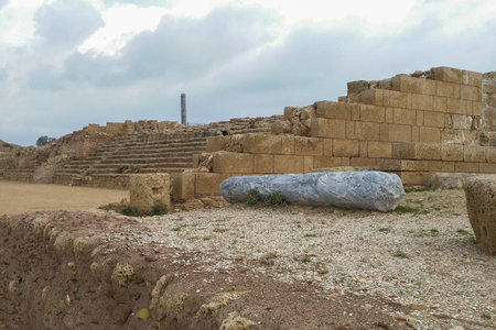 Caesarea National Park ancient ruins remains of columns and wallsのeditorial素材