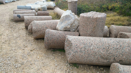 Caesarea National Park ancient ruins remains of columns and wallsのeditorial素材
