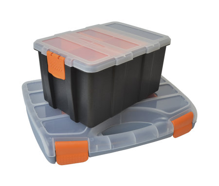 plastic boxes and containers for storing and carrying tools and various little things in the rangeの写真素材