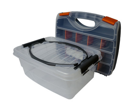 plastic boxes and containers for storing and carrying tools and various little things in the rangeの写真素材