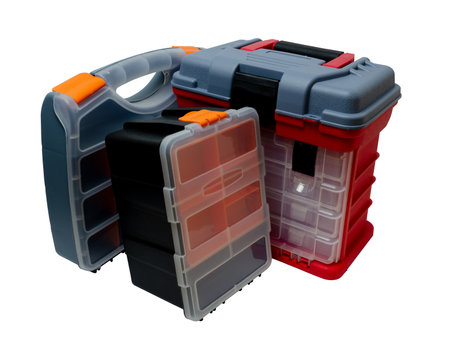 plastic boxes and containers for storing and carrying tools and various little things in the rangeの写真素材
