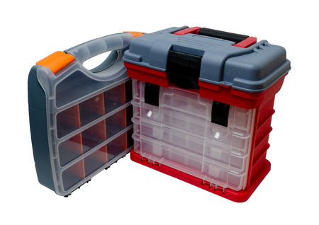 plastic boxes and containers for storing and carrying tools and various little things in the rangeの写真素材