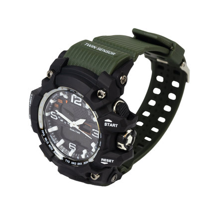 shockproof and waterproof wrist watch with a double dial in dark green color isolated on a white backgroundの写真素材