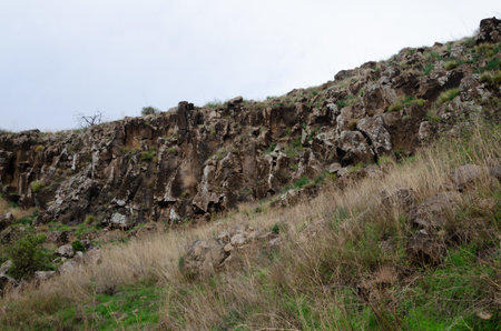 landscapes with mountain views with the remains of ancient buildings on the golan heights in israel in national parksの写真素材