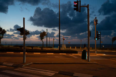 View from the road to the sea with the sunset of Argaman beach in Netanya in Israel