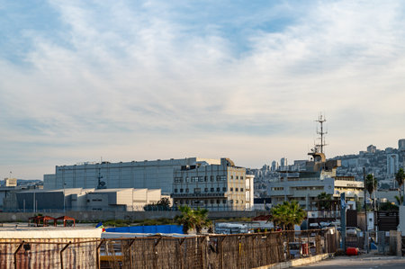 Haifa, Israel - December 3, 2021: View of industrial facilities and port warehouses on the banks of Haifa. Haifa, Northern Israelのeditorial素材