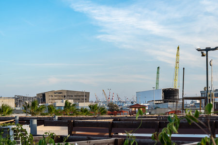 Haifa, Israel - December 3, 2021: View of industrial facilities and port warehouses on the banks of Haifa. Haifa, Northern Israelのeditorial素材