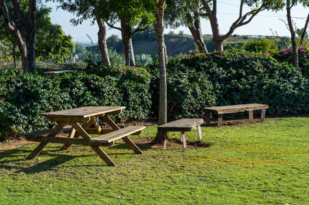 Picnic table on green meadow in amusement park