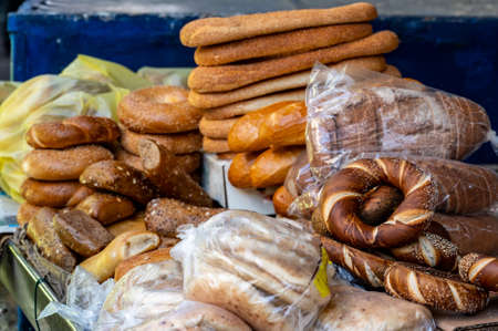 Fresh bread lies on the counter in the bazaar in the package. close-up.