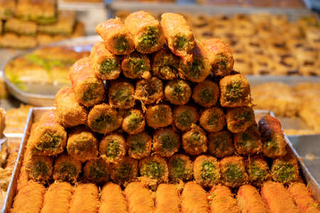 Oriental Arabic Turkish Sweets and dessert at the market. close-upの写真素材