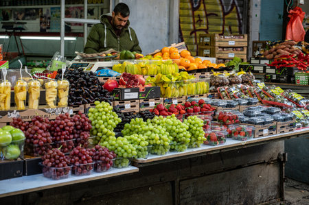 TEL AVIV, ISR - January 25, 2022: Israelis shop at the Carmel Shuk HaCarmel Market in Tel Aviv, Israel. This is a very popular market in Tel Aviv where they sell confectionery as well as fruits and vegetables.のeditorial素材
