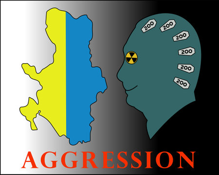 Russian aggression against Ukraine with the silhouette of Putin in profile and the Ukrainian flag in the form of a map. Written word aggression.のイラスト素材