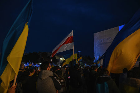 Tel Aviv. Israel - March 20, 2022: Rally in support of Ukraine in Tel Aviv on Habima square....