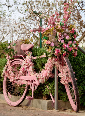 pink bicycle decorated with flowers is left on the street close-up.の写真素材