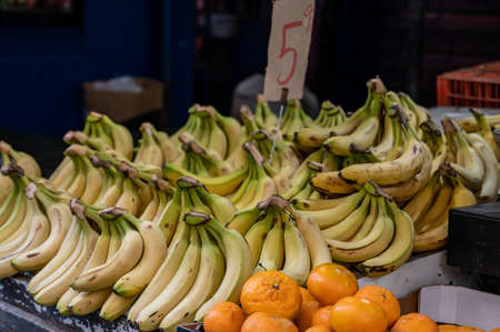 Ripe bananas ready to be sold at fruit market. close-up.の写真素材