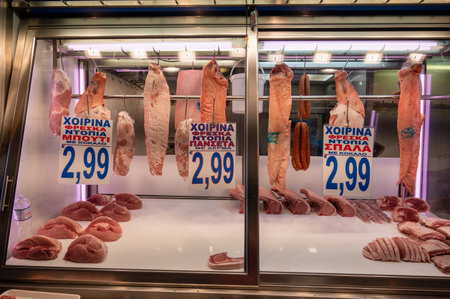 ATHENS, GREECE - MAY 14, 2022: Central Municipal Athens Market located on Afiinas street , Greeceのeditorial素材
