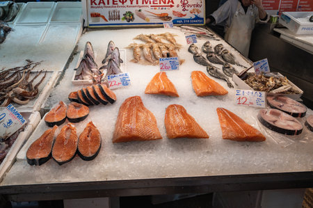 ATHENS, GREECE - MAY 14, 2022: Central Municipal Athens Market located on Afiinas street , Greeceのeditorial素材