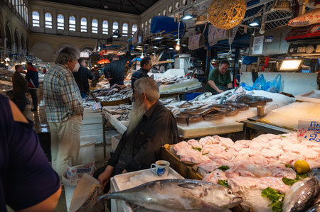ATHENS, GREECE - MAY 14, 2022: Central Municipal Athens Market located on Afiinas street , Greeceのeditorial素材