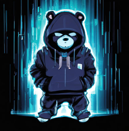 Cyberpunk Bear stands in a dark room dressed in a hoodie with his hands in his pockets. There is a bright glow around the bear. Black background.の写真素材