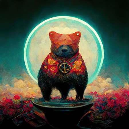 Psychedelic poster with Frankenstein bear. Madness, surrealism. oil paint. color illustration
