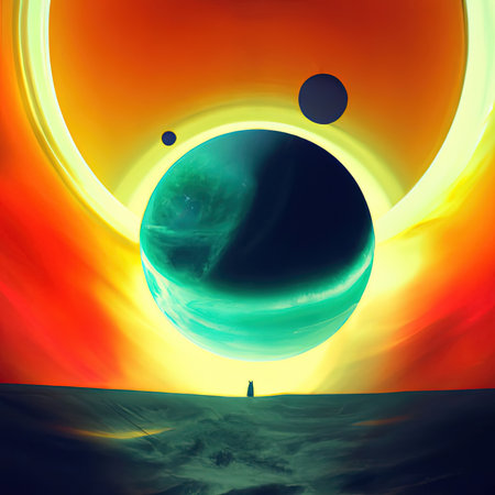 The concept of saving life on the planet. beautiful space background. Planets on the background of the solar disk. In the distance is the silhouette of a man. The last survivor. destruction of mankind.の写真素材