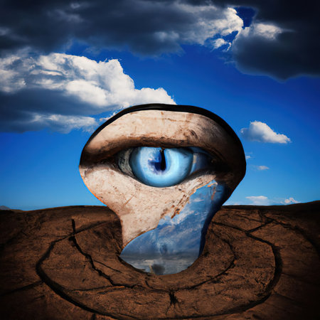 The blue eye is set in a round frame of cracked stone and set on cracked soil. Phot blue sky with clouds. A look into the future. Surrealism concept.の写真素材