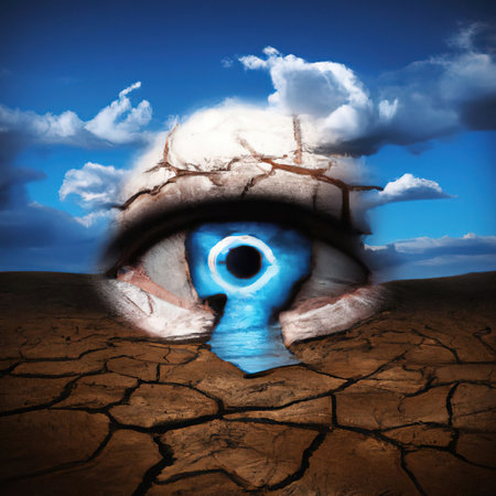 The blue eye is set in a round frame of cracked stone and set on cracked soil. Phot blue sky with clouds. A look into the future. Surrealism concept.の写真素材