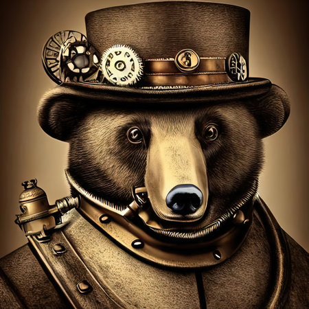 Close-up portrait of a futuristic bear. Abstract grizzly bear. steampunk animal. Illustration in brown tones.の写真素材