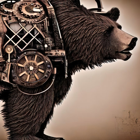 Close-up portrait of a futuristic bear. Abstract grizzly bear. steampunk animal. Illustration in...