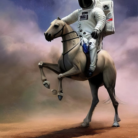 An astronaut in a spacewalk suit rides a headless horse across an unknown planet. far space....