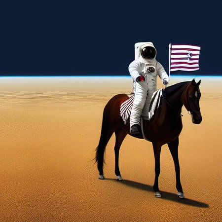 An astronaut in a spacewalk suit rides a headless horse across an unknown planet. far space. Fiction.の写真素材