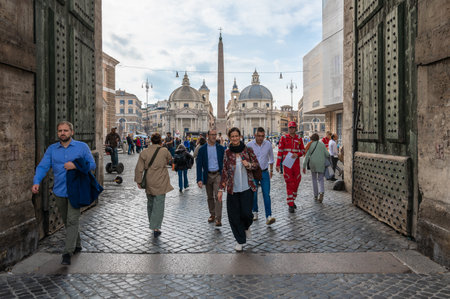 Rome, Italy - October 22, 2022: Peoples Square Piazza del Popolo. Churches of Santa Maria in Montesanto and Santa Maria dei Miracoli. Egyptian obelisk of Ramesses II.のeditorial素材