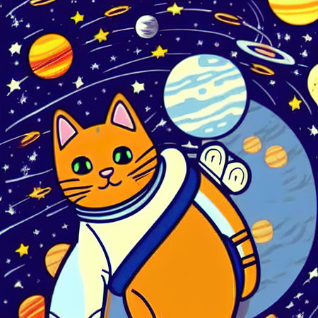 A cat in a spacesuit in open space against the background of stars and planets. space conquest.の写真素材