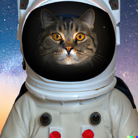 A cat in a spacesuit in open space against the background of stars and planets. space conquest.