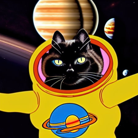 A cat in a spacesuit in open space against the background of stars and planets. space conquest.の写真素材