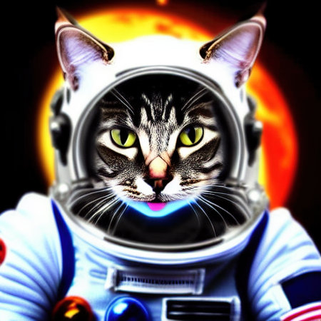 A cat in a spacesuit in open space against the background of stars and planets. space conquest.