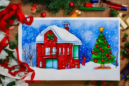 Winter season holiday, Christmas, New Year. christmas concept. Children's drawings in pencil and paints. view from above.の写真素材