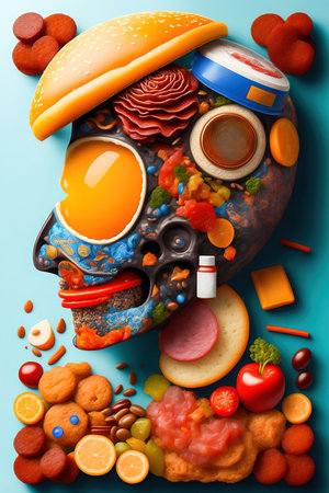 The human skull is overlaid with different prepared food. Healthy and unhealthy foods. Human nutrition choice concept. Render from 3d model to 2d jpg. vertical image.の写真素材