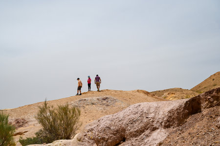 Silhouettes of three tourists far away in the Negev desert. Tourism in Israelの写真素材