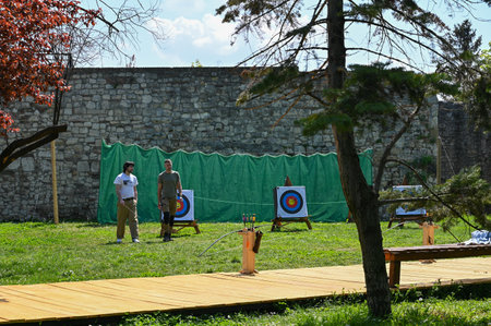 Serbia, Belgrade, April 20, 2023: Kalemegdan Fortress. Outdoor archery attraction.のeditorial素材