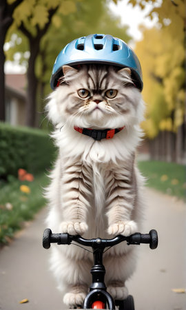A Persian cat rides a bicycle wearing a helmet along the street. Vertical image.の素材