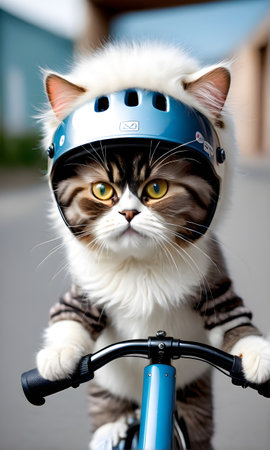A Persian cat rides a bicycle wearing a helmet along the street. Vertical image.の素材