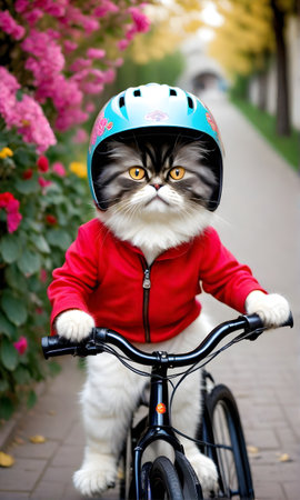 A Persian cat rides a bicycle wearing a helmet along the street. Vertical image.の素材